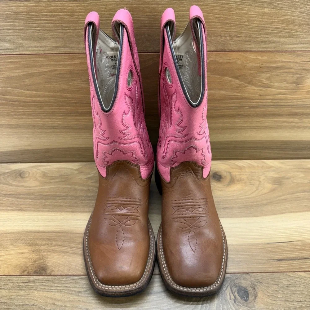 OLD WEST Cowgirl Western Boots Girls 2 Brown Pink Leather Square Toe Rodeo Ranch